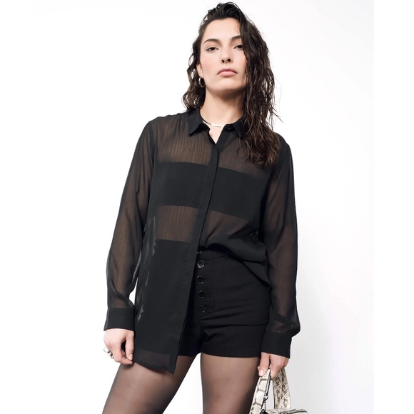 WILDFANG The Empower Sheer Sheer Long Sleeve Button Up Shirt in Black - 1X - Picture 1 of 11